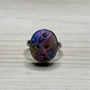 Oval Cabochon Adjustable Ring With Floral Design